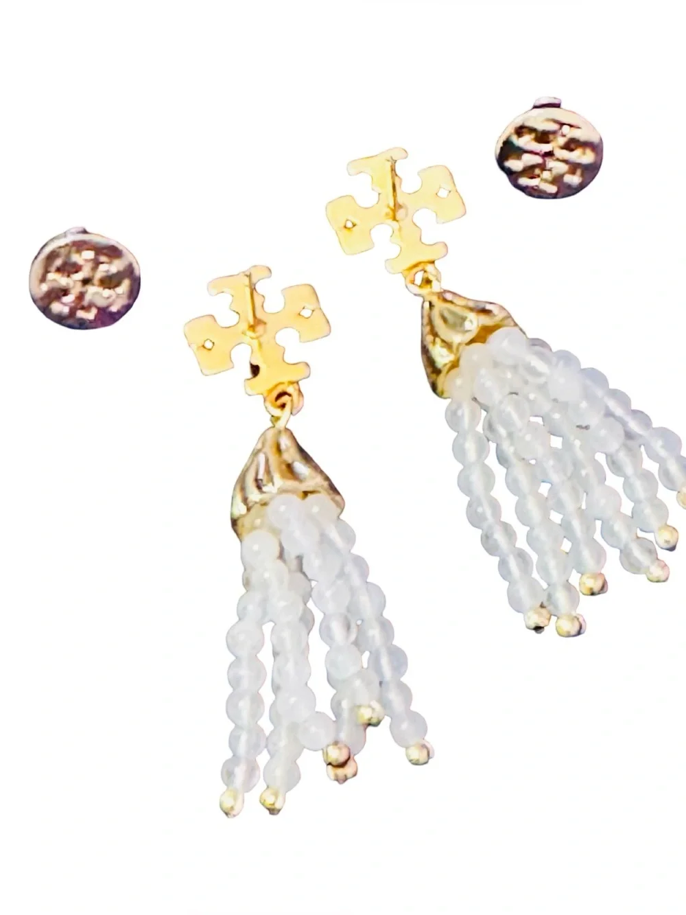 Tory Burch Gold RARE and White Beaded Tassel Drop Earrings NWT & Dustbag!